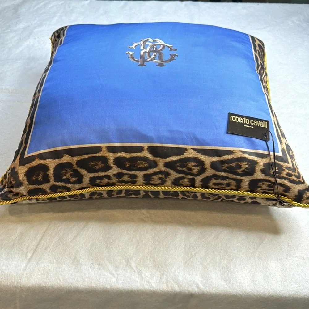 ROBERTO CAVALLI NWT NEW TAG XLARGE BLUE GOLD BLACK LEOPARD ACCENT THROW PILLOW - Picture 5 of 15